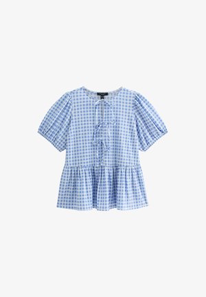 Blusa a quadri blu chiaro con maniche corte a sbuffo, corpino aderente e orlo a peplo svasato. Presenta un dettaglio centrale con fiocco. Materiale misto cotone.