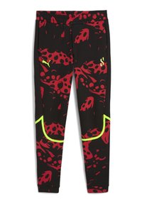 Black sweatpants with a red and black splatter print, featuring a neon green accent and the Puma logo on the upper front.