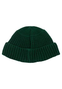 Zielona dziana czapka beanie o prążkowanej fakturze, z podwiniętym rondem i bezszwowym wierzchem. Wykonana z miękkiego, elastycznego materiału zapewniającego ciepło.