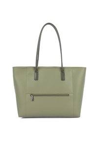 Sac fourre-tout texturé vert clair avec deux longues poignées et une poche zippée horizontale à l'avant, posé verticalement sur un fond blanc.