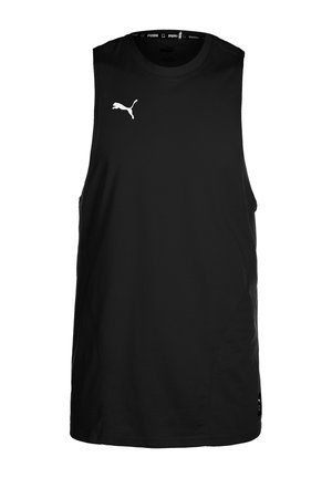 Czarny, bezrękawnik sportowy z logo Puma na górnej lewej części klatki piersiowej i markową podszewką kołnierza.