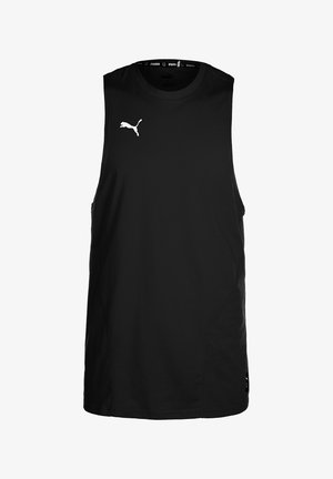 Schwarzes ärmelloses sportliches Tanktop mit Puma-Logo auf der oberen linken Brust und gebrandetem Kragenfutter.
