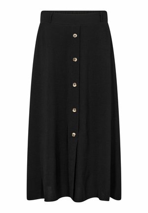 Černá sukně střední délky s elastickým pasem a předním řádkem šesti béžových knoflíků, mírně rozšířený lem.