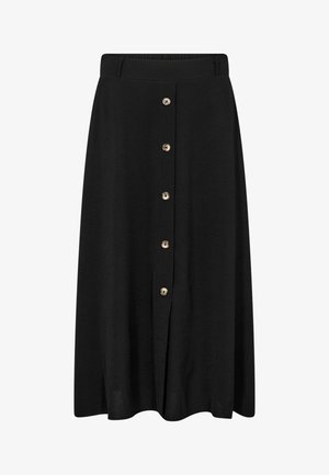 Sort midilengdenederdel med elastisk linning og en forreste række af seks beige knapper, let udvidet skørt.