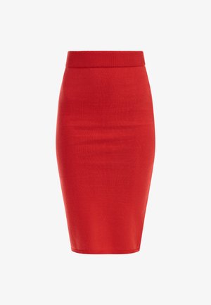 Rød, knælang tætsiddende pencilskørt lavet af glat stof, med en ribbet elastisk talje og en tætsiddende silhuet.