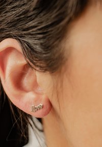 Pendientes de plata en forma de la palabra "amor", con un diseño delicado y en cursiva, colocados en un lóbulo con un fondo de cabello natural.