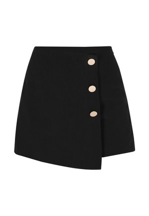 Zwarte asymmetrische rok met drie grote zilveren knopen op het rechtervoorpaneel, getoond tegen een witte achtergrond.