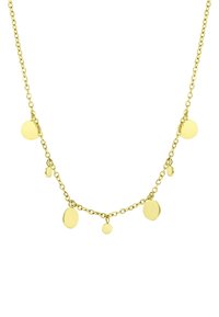 Gouden ketting met een delicate schakels en vijf cirkelvormige hangers in verschillende maten, die een mix van gepolijste en matte afwerkingen biedt.