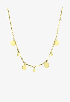 Halskette in Goldoptik mit einer zarten Kette und fünf unterschiedlich großen runden Anhängern, die eine Mischung aus polierten und matten Oberflächen bieten.