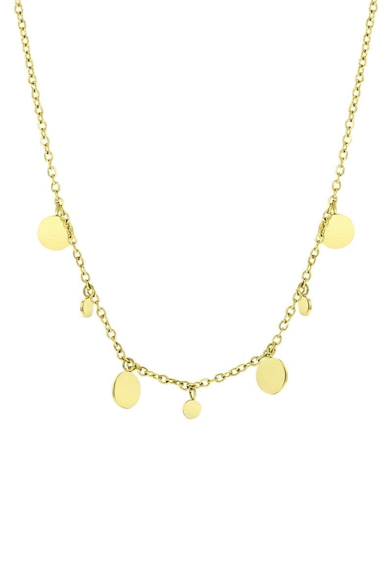 Gouden ketting met een delicate schakels en vijf cirkelvormige hangers in verschillende maten, die een mix van gepolijste en matte afwerkingen biedt.