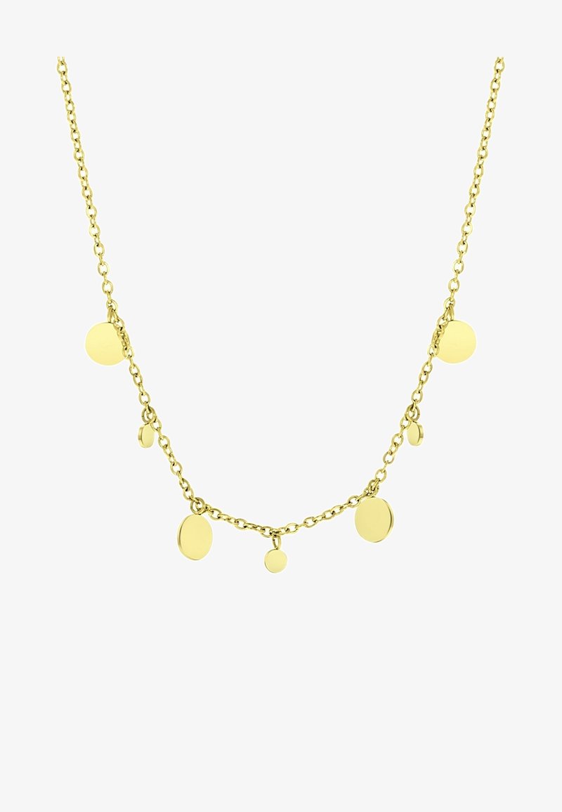 Halskette in Goldoptik mit einer zarten Kette und fünf unterschiedlich großen runden Anhängern, die eine Mischung aus polierten und matten Oberflächen bieten.