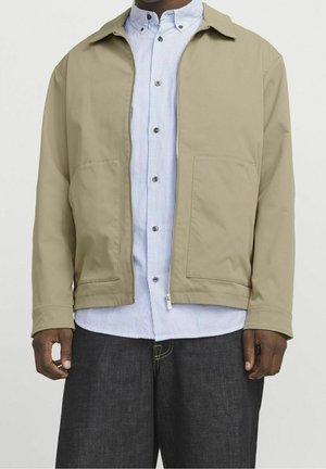 Mand iført beige lynlåstrøje over lyseblå stribet skjorte med knapper og mørke jeans med vide ben, vist fra nakke til hofter.