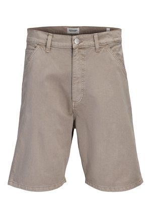 Shorts en coton beige avec passants pour ceinture, fermeture avant par bouton et poches latérales, étiquetés Jack & Jones Pants Studio.