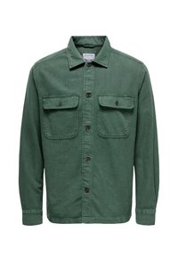 Grüne Baumwollhemdjacke mit Kragen, zwei Brusttaschen, geknöpftem Vorderteil und langen Ärmeln. Verfügt über schwarze Knöpfe und eine strukturierte Oberfläche.