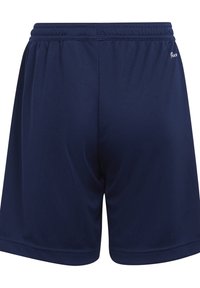 Bermudas atléticas en color azul marino, fabricadas con un tejido suave, con una cintura elástica, sin bolsillos visibles y un pequeño logo en el lado izquierdo.