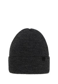 Berretto lavorato a maglia grigio scuro con risvolto pieghevole, caratterizzato da un motivo a trama e una piccola toppa con logo nero sul lato.