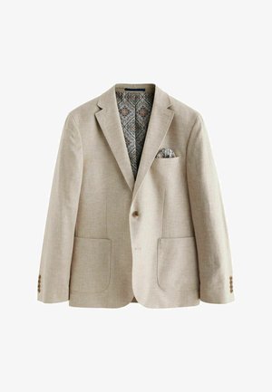 Bežinis švarkas su iškirptu kraštu, dviem kišenėmis, trijų mygtukų rankovėmis ir raštuota vidaus pamušalu, kuriame dominuoja mėlyna ir ruda spalvos.