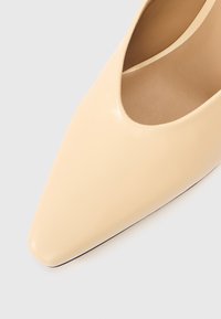 Bēša krāsas augstpapēžu kurpe ar šauru, smailu purngalu un gludu, spīdīgu ādu. Potītes daļā ir izgriezums, kas uzlabo siluetu.