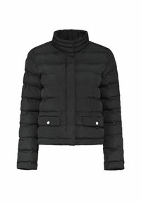 Czarna kurtka puchowa z wysokim kołnierzem, skróconym krojem i poziomym przeszyciem. Posiada dwie przednie kieszenie z zatrzaskami.