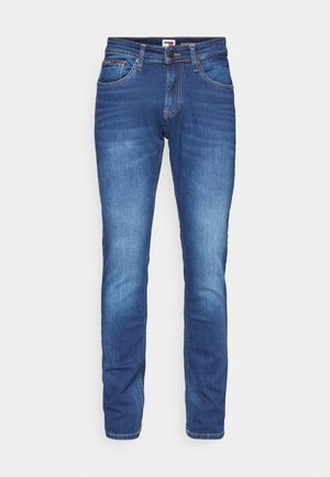 Men's slim-fit blue denim jeans with front pockets, button closure, and subtle fading on thighs and knees.