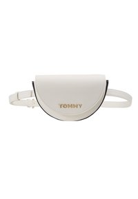 Bílá polokruhová kožená taška na opasek s kultovním zlatým nápisem "TOMMY" a nastavitelným popruhem na bílém pozadí.