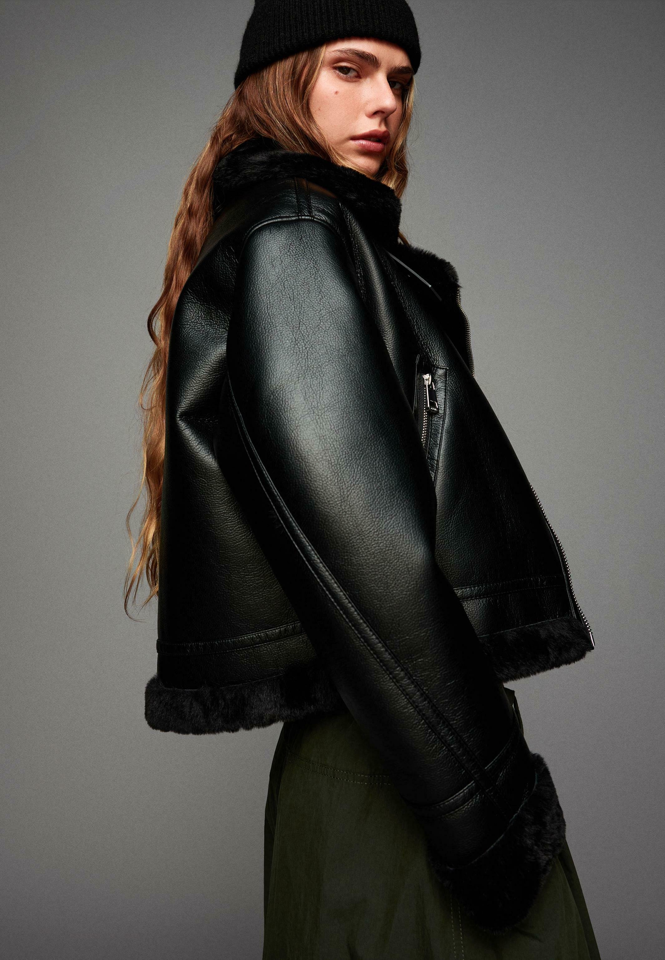 Bershka DOUBLE-FACED - Faux leather jacket - black - Zalando