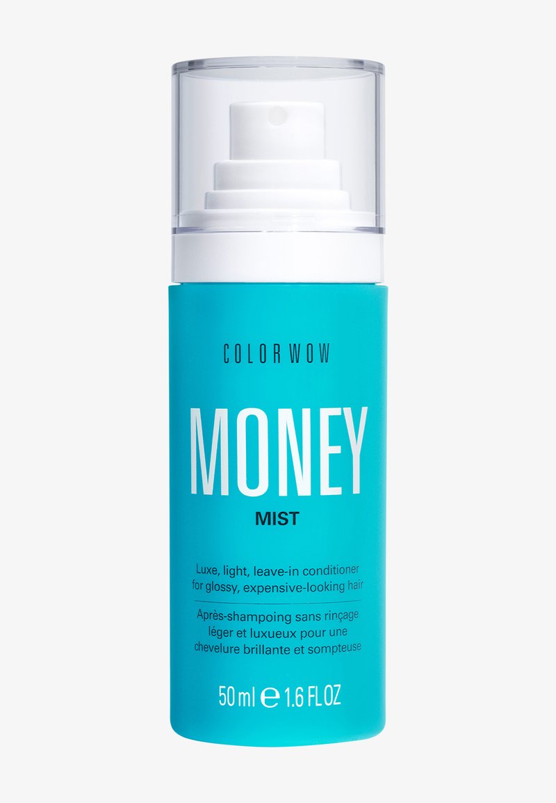 Blauwe pompflacon met het etiket Color Wow Money Mist, 50 ml leave-in conditioner voor glanzend, duur uitziend haar, met tekst in het Engels en Frans.