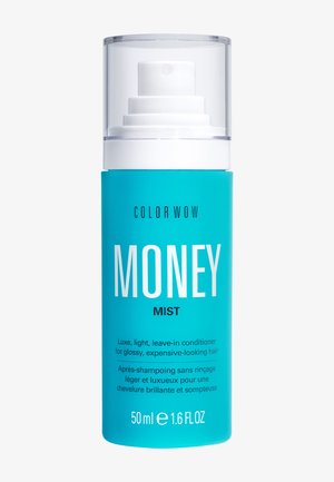 Blå pumpeflaske mærket Color Wow Money Mist, 50 ml leave-in balsam til glansfuldt, dyrt udseende hår, med tekst på engelsk og fransk.
