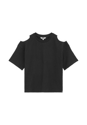 Čierny krátky rukáv top s výrezmi na ramenách a okrúhlym výstrihom, jednoduchý dizajn, uložený na bielom pozadí.