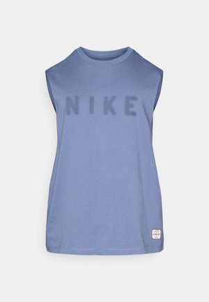 Blue sleeveless Nike top made of soft fabric. Features large, faded "NIKE" text on front and a small logo patch at the hem.