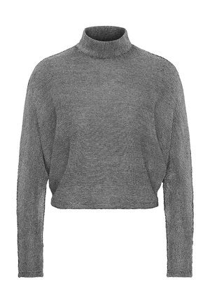 Pull gris en maille à manches longues et coupe courte, avec un col montant style col cheminée et un motif côtelé horizontal texturé.