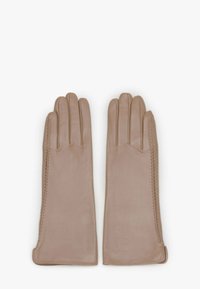 Rękawiczki ze skóry w jasnobeżowym kolorze, o smukłym kroju, dopasowanym kształcie i ozdobnym przeszyciu wzdłuż boku.