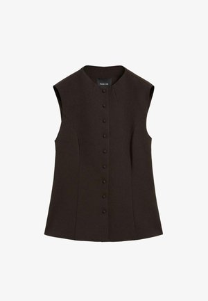 Brun ærmeløs top med rund halsudskæring, der har en række med seks matchende knapper og subtile sømme for at forme. Glat stoftekstur.