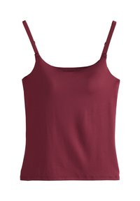 Top sin mangas color burdeos con tirantes finos, hecho de tela suave. Presenta un escote redondeado y un dobladillo recto.