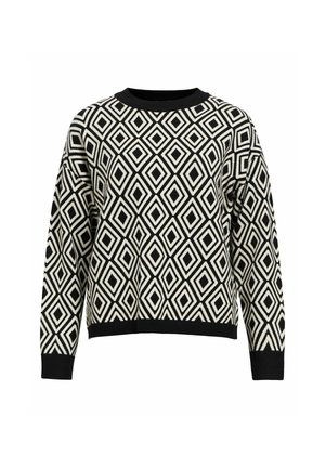 Pull noir et blanc avec un motif en losanges, doté de manches longues et d'un col rond. Tissu tricoté texturé avec des poignets côtelés.