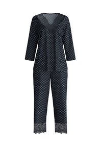 Completo pigiama a pois blu navy, composto da una maglietta con scollatura a V e bordo in pizzo, con maniche a tre quarti, abbinata a pantaloni con orlo in pizzo.