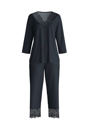 Completo pigiama a pois blu navy, composto da una maglietta con scollatura a V e bordo in pizzo, con maniche a tre quarti, abbinata a pantaloni con orlo in pizzo.