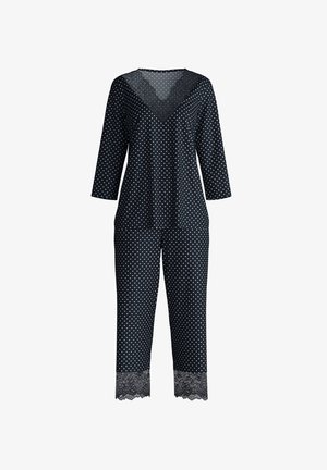 Marineblauwe pyjama set met polkadots, bestaande uit een V-hals top met kantafwerking en driekwart mouwen, gecombineerd met broekjes met kant aan de onderzijde.