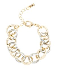 Bracciale a catena bicolore in oro e argento con anelli ovali intrecciati e chiusura a moschettone con catena di estensione regolabile.