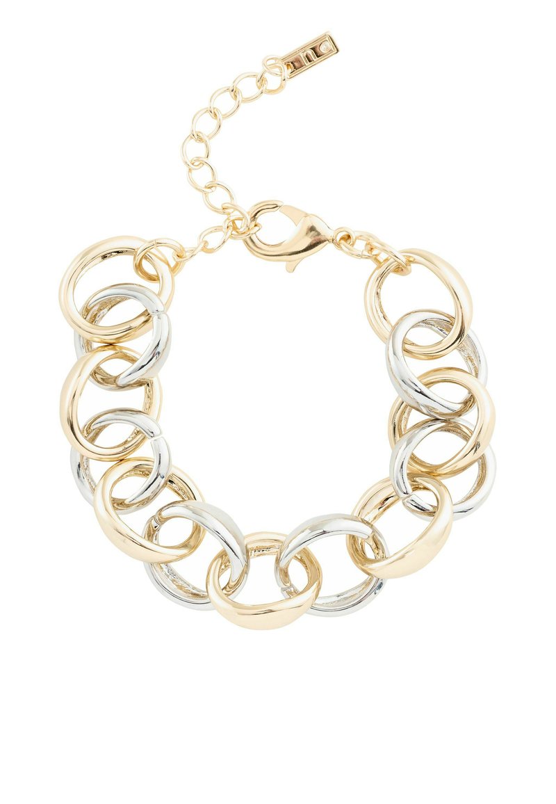 Bracciale a catena bicolore in oro e argento con anelli ovali intrecciati e chiusura a moschettone con catena di estensione regolabile.