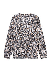 Knoop-blouse met een zwart, witte en oranje bloemenpatroon. Lange mouwen, v-halslijn en een zachte stoffen textuur.
