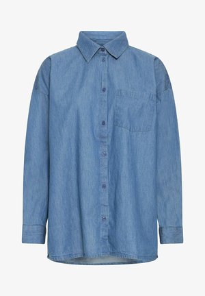 Light blue denim shirt with long sleeves, a pointed collar, front buttons, and a single chest pocket. Soft texture with a casual fit.