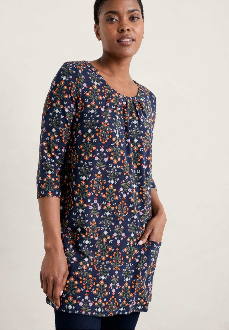 Ex Seasalt tunica donna in jersey manica 3/4 colore blu navy floreale