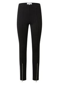 Zwarte aansluitende legging met een gladde textuur, met ritsaccenten bij de enkels en een hoge tailleband voor een slanke silhouet.