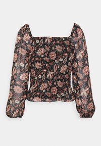 Blouse noire transparente à manches longues bouffantes et encolure carrée, avec motif floral rose et beige et détail élastique à la taille.