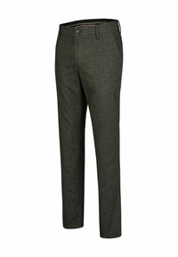 Dunkelgrüne maßgeschneiderte Hose aus strukturiertem Stoff, mit Knopfverschluss, Gürtelschlaufen und Seitentaschen. Schlanker, moderner Schnitt.