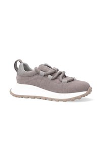 Grau Wildlederschuh mit strukturiertem Obermaterial, runder Spitze, elastischen Schnürsenkeln und weißem Zwischensohlenteil. Verfügt über eine strukturierte Gummisohle.