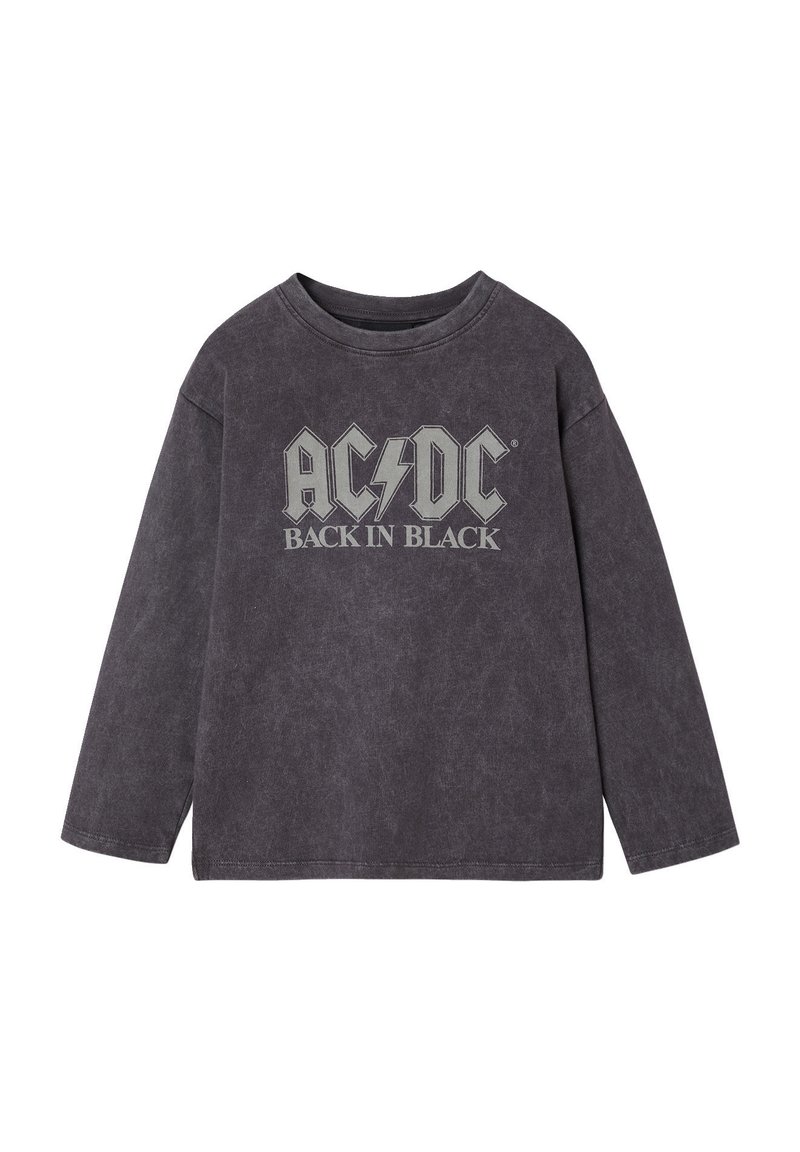 Long-sleeve shirt in dark gray, featuring a vintage AC/DC "Back in Black" graphic in light gray. Soft cotton blend with a relaxed fit.