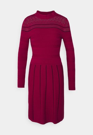 Robe rouge à manches longues, longueur genou, col haut, détail en dentelle sur le haut de la poitrine et rayures noires verticales sur la partie jupe.