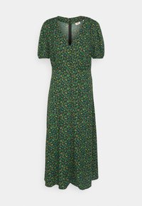 Robe midi à manches courtes bouffantes, décolleté en V et motif floral vert sur fond sombre, vêtement suspendu sur fond blanc.